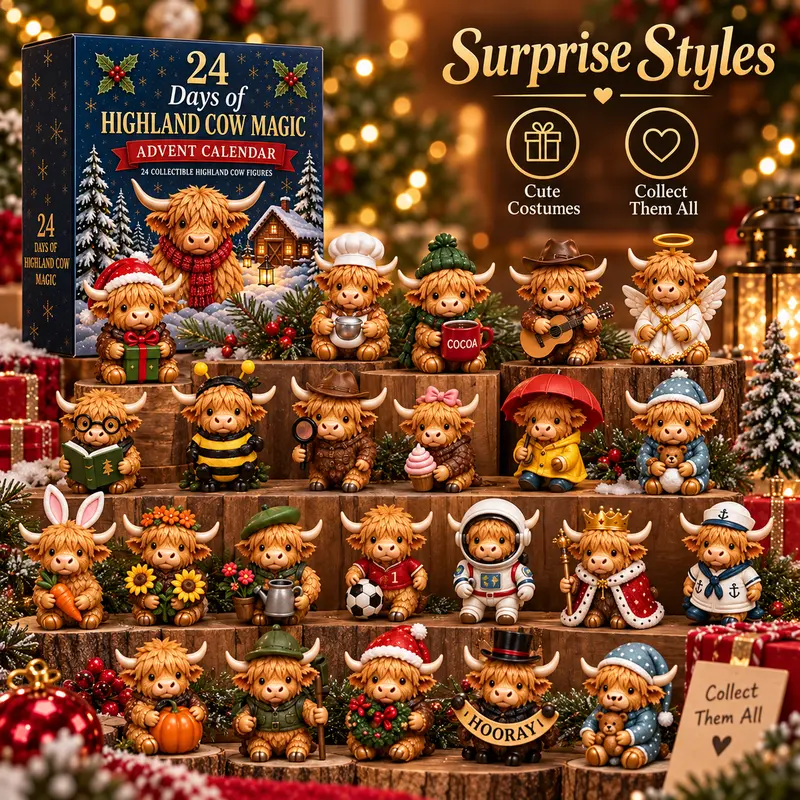 24-Day Highland Cow Advent Calendar - Christmas Countdown Gift Box with Collectible Mini Figurines, Festive Holiday Home Decor Toy Set, Ideal Present for Kids & Cow Enthusiasts