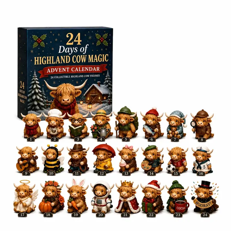 24-Day Highland Cow Advent Calendar - Christmas Countdown Gift Box with Collectible Mini Figurines, Festive Holiday Home Decor Toy Set, Ideal Present for Kids & Cow Enthusiasts